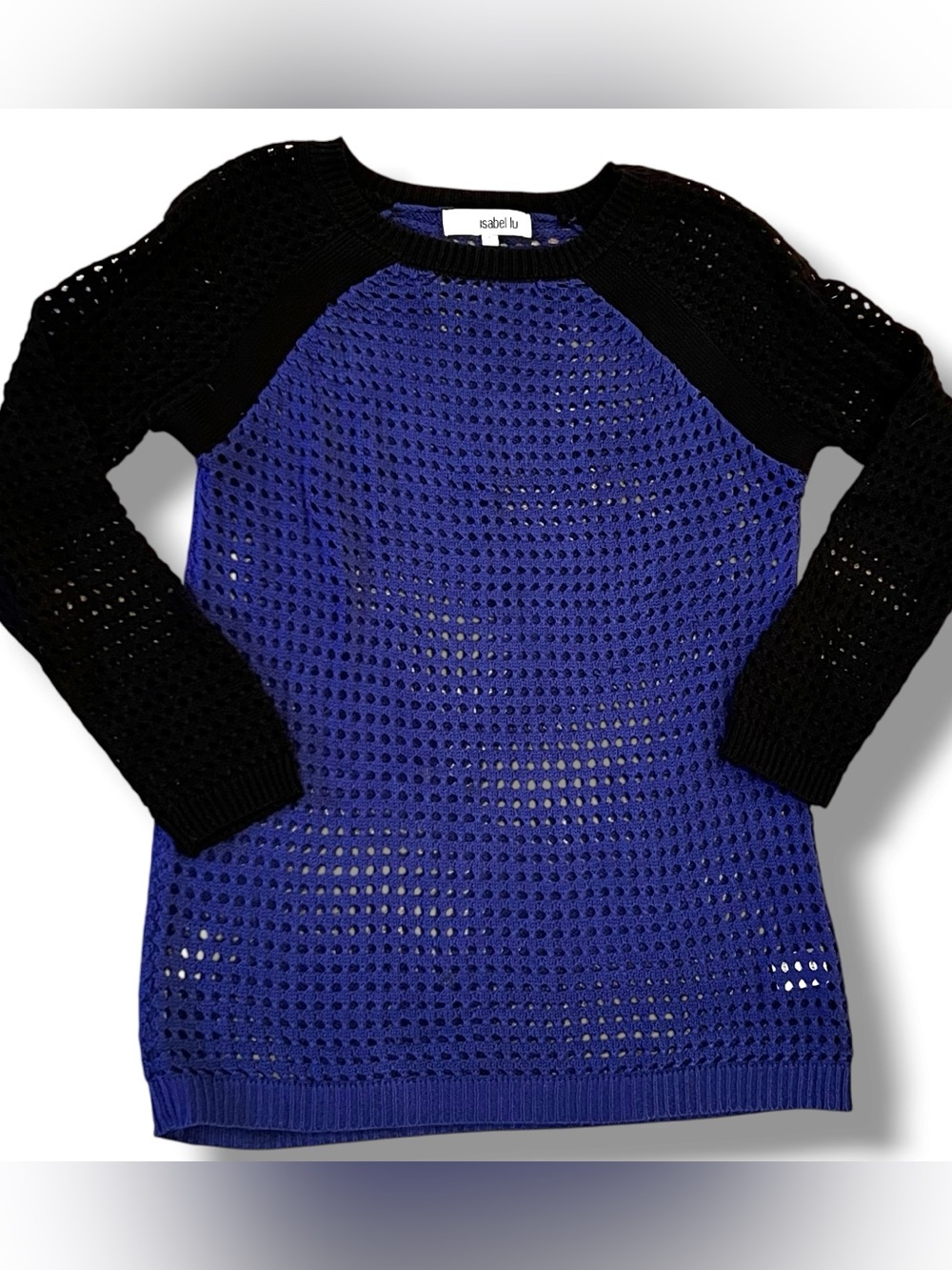 Isabelle Lu Women Mesh Open Knit Sweater Sz S Royal Blue W/ Black Sleeves E-6